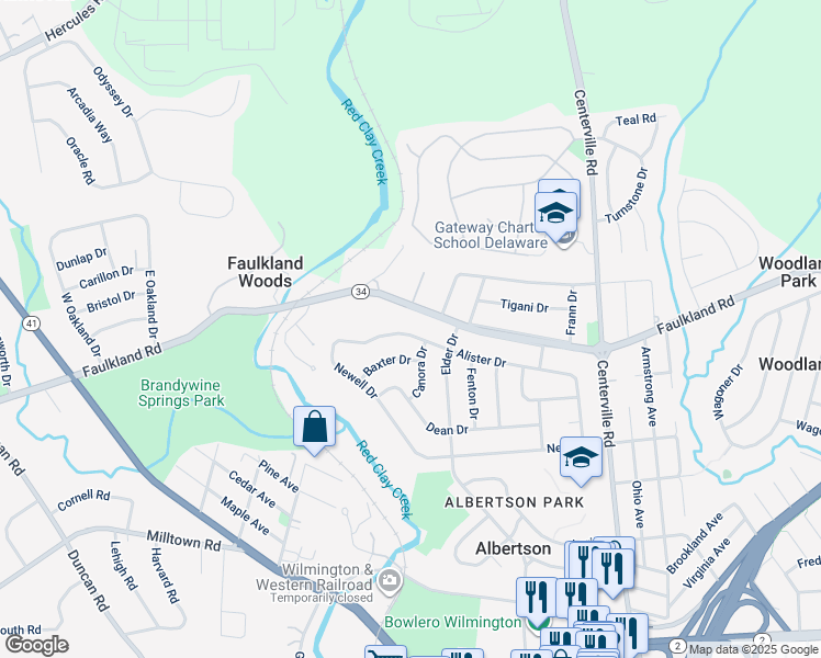map of restaurants, bars, coffee shops, grocery stores, and more near 2512 Alister Drive in Wilmington