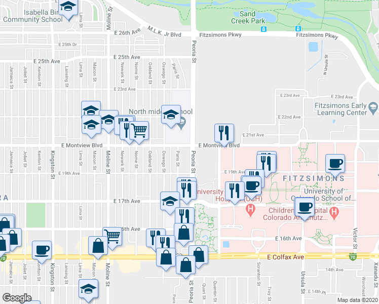 map of restaurants, bars, coffee shops, grocery stores, and more near in Aurora