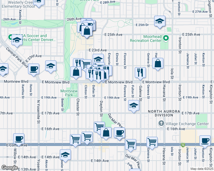 map of restaurants, bars, coffee shops, grocery stores, and more near 1982 Del Mar Parkway in Aurora