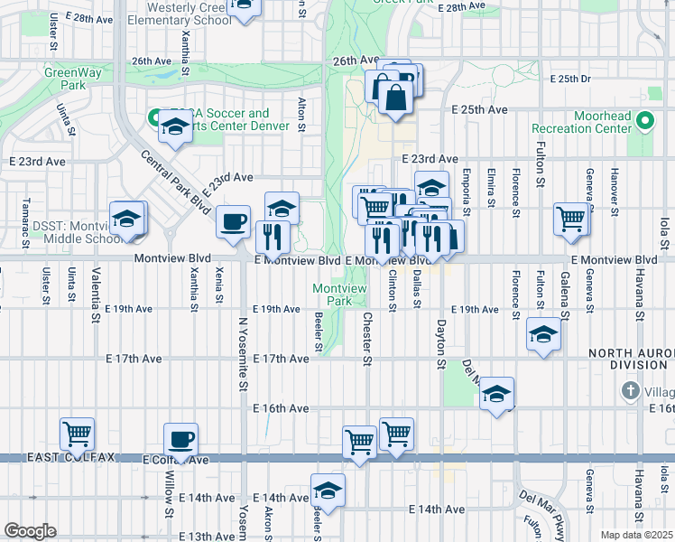 map of restaurants, bars, coffee shops, grocery stores, and more near 9282 East Montview Boulevard in Aurora