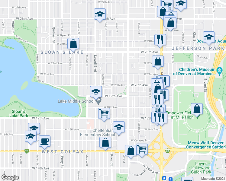 map of restaurants, bars, coffee shops, grocery stores, and more near 1943 Julian Street in Denver