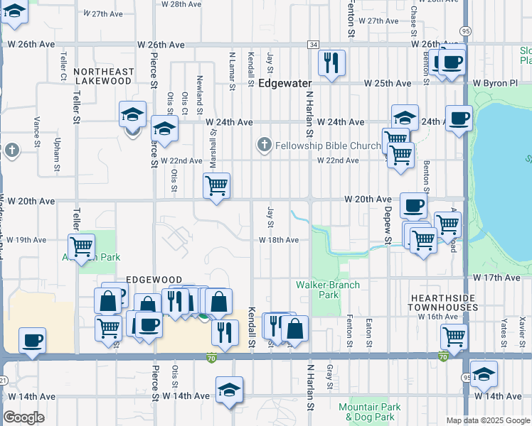 map of restaurants, bars, coffee shops, grocery stores, and more near 1960 Kendall Street in Lakewood