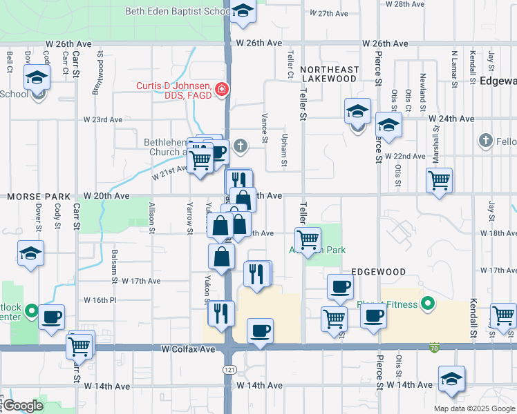 map of restaurants, bars, coffee shops, grocery stores, and more near 1975 Vance Street in Lakewood