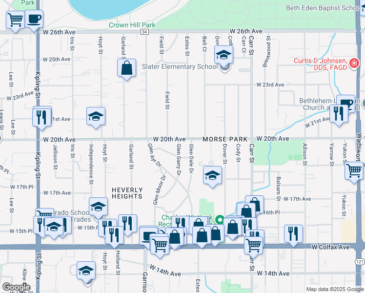 map of restaurants, bars, coffee shops, grocery stores, and more near 1975 Glen Garry Drive in Lakewood
