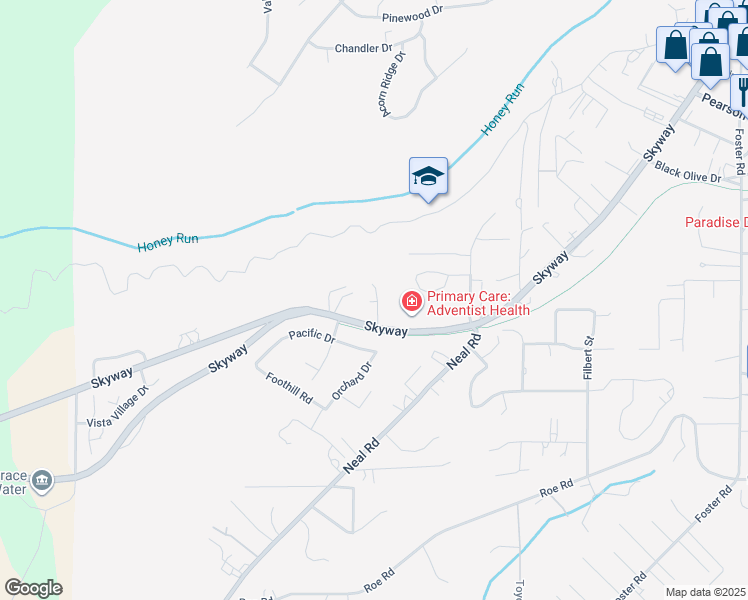 map of restaurants, bars, coffee shops, grocery stores, and more near 5507 Longview Drive in Paradise