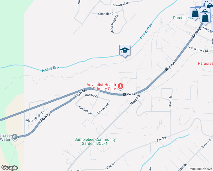 map of restaurants, bars, coffee shops, grocery stores, and more near 5507 Longview Drive in Paradise