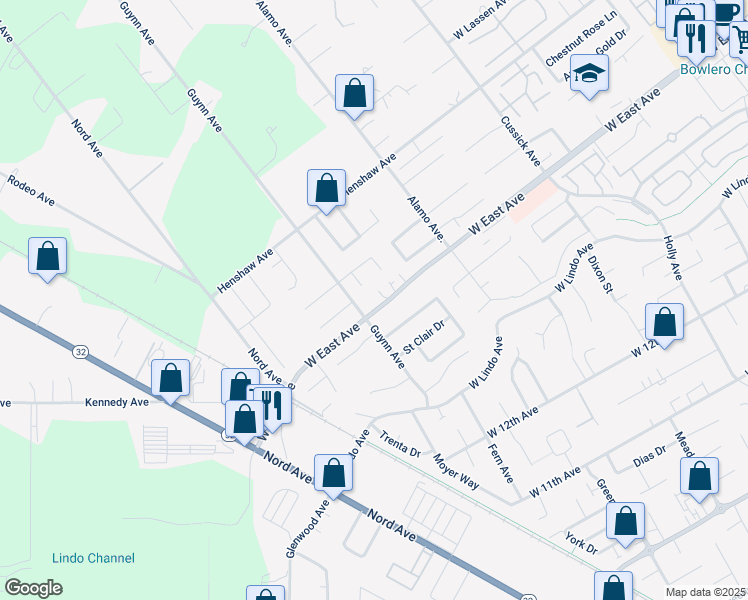map of restaurants, bars, coffee shops, grocery stores, and more near 950 West East Avenue in Chico