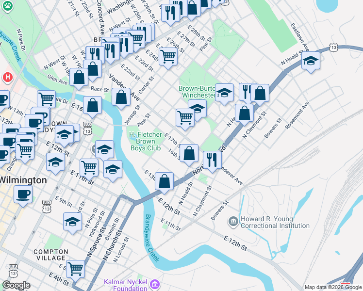 map of restaurants, bars, coffee shops, grocery stores, and more near 913 East 17th Street in Wilmington