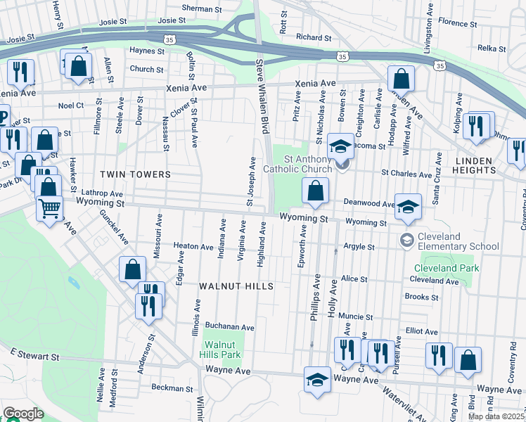 map of restaurants, bars, coffee shops, grocery stores, and more near in Dayton