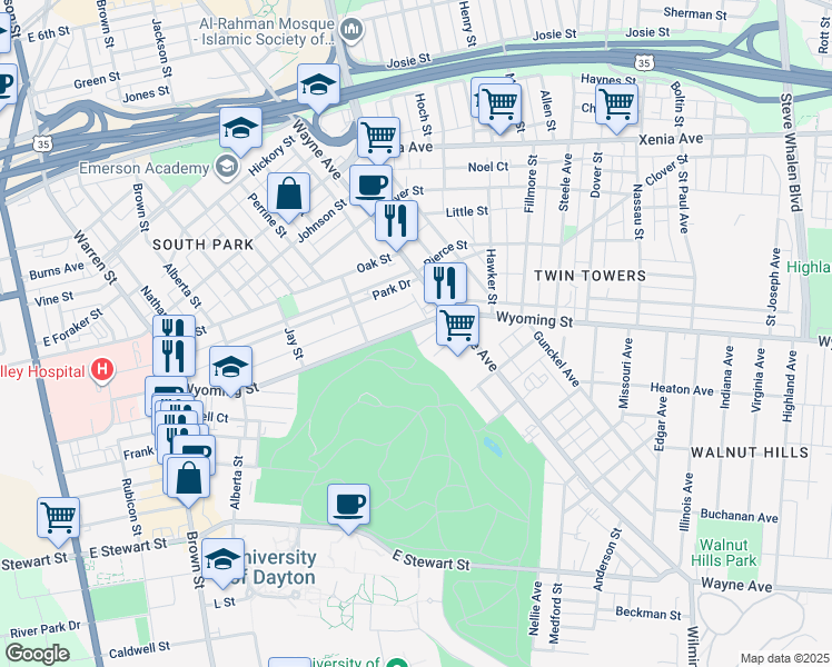 map of restaurants, bars, coffee shops, grocery stores, and more near 545 Wyoming Street in Dayton