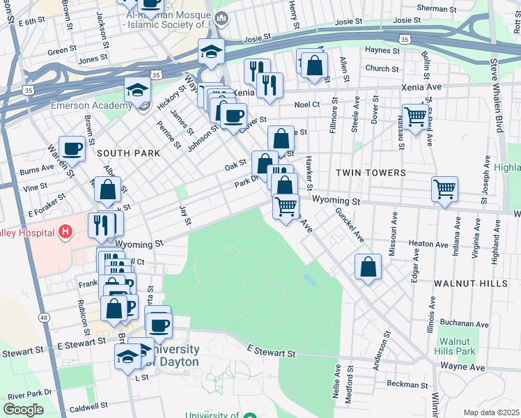map of restaurants, bars, coffee shops, grocery stores, and more near 545 Wyoming Street in Dayton