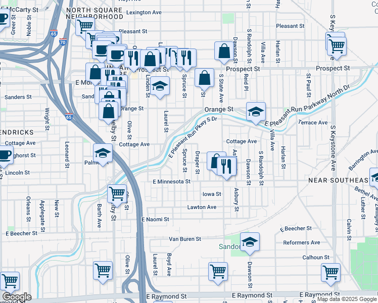 map of restaurants, bars, coffee shops, grocery stores, and more near 1518 Draper Street in Indianapolis