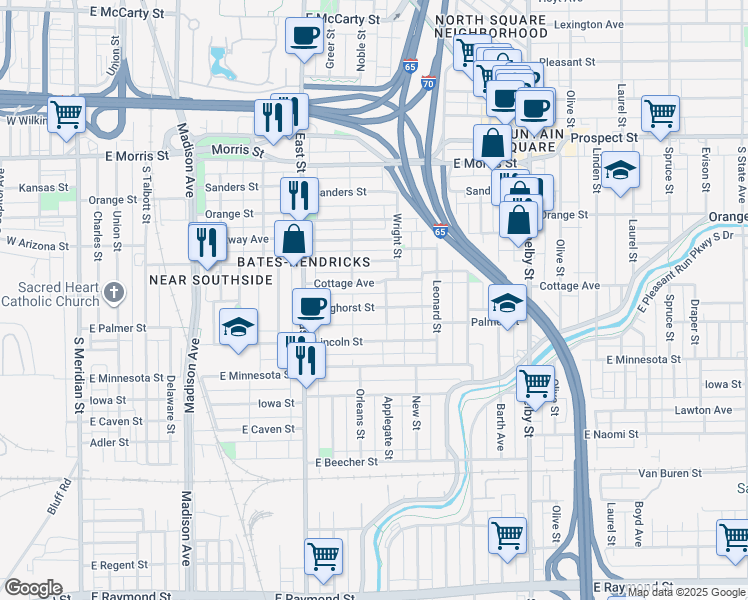 map of restaurants, bars, coffee shops, grocery stores, and more near 730 Weghorst Street in Indianapolis