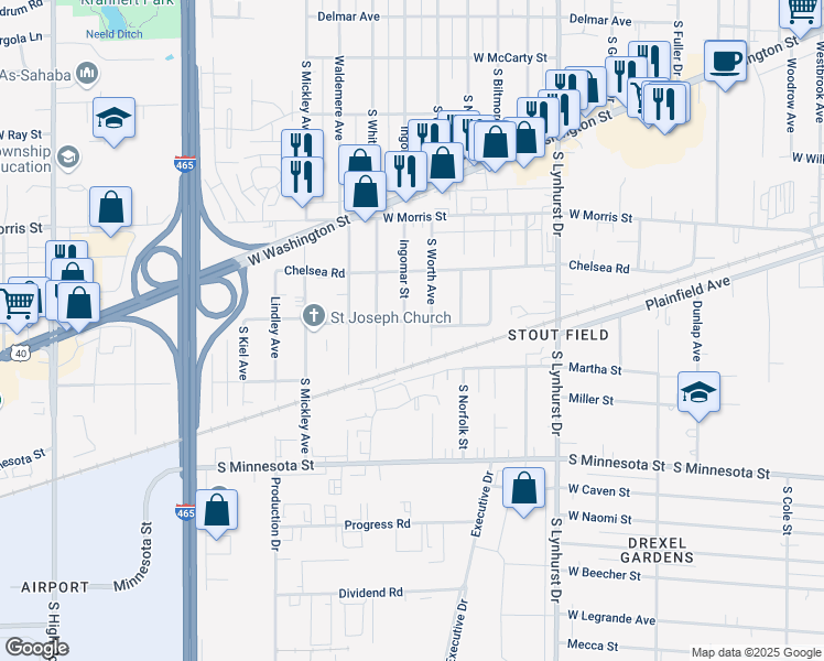 map of restaurants, bars, coffee shops, grocery stores, and more near 1403 Ingomar Street in Indianapolis