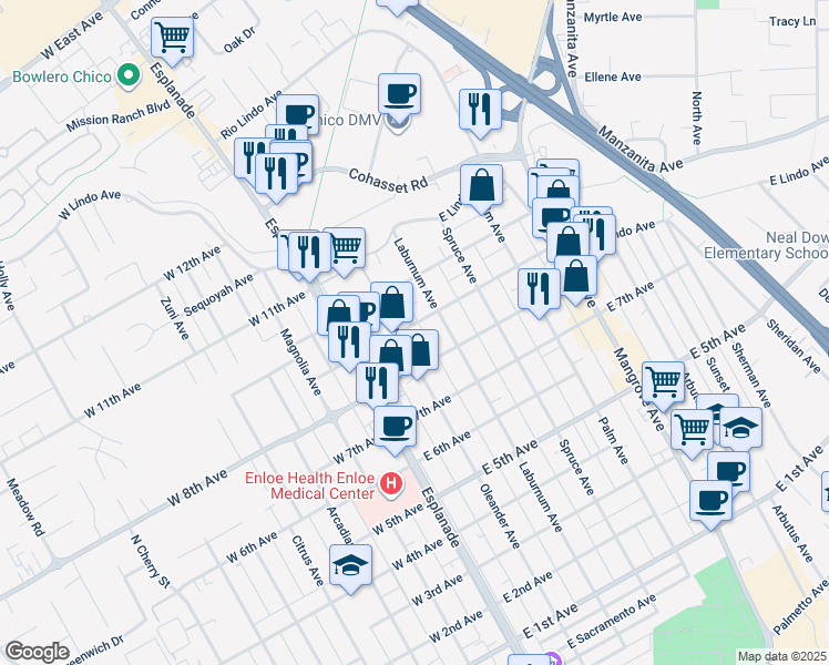 map of restaurants, bars, coffee shops, grocery stores, and more near 265 East 9th Avenue in Chico