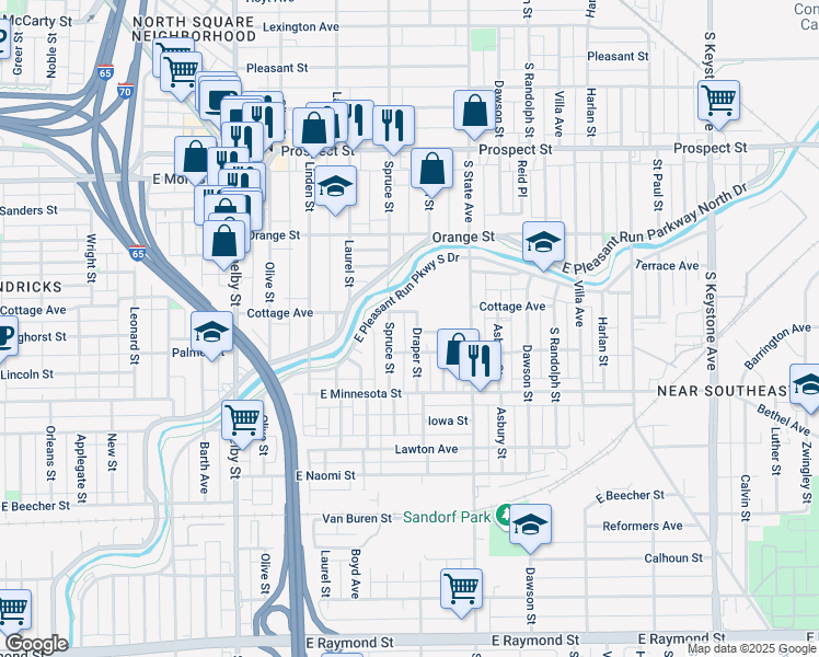 map of restaurants, bars, coffee shops, grocery stores, and more near 1518 Draper Street in Indianapolis