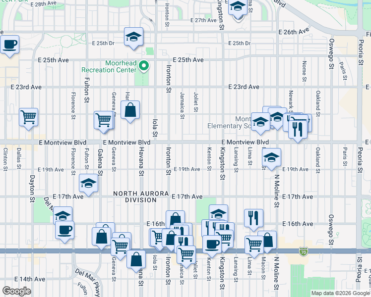 map of restaurants, bars, coffee shops, grocery stores, and more near 1980 Jamaica Street in Aurora
