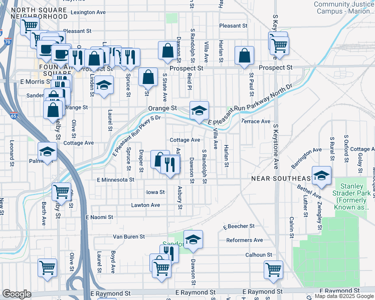 map of restaurants, bars, coffee shops, grocery stores, and more near 1524 Dawson St in Indianapolis