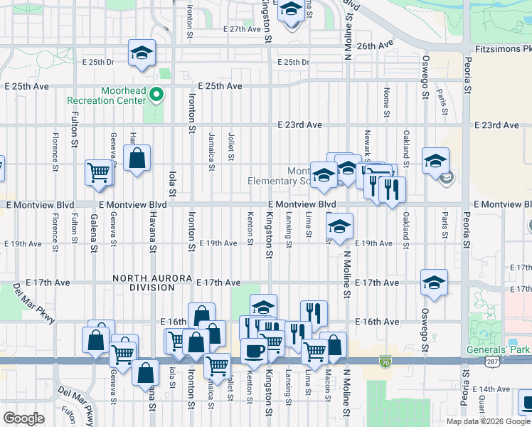 map of restaurants, bars, coffee shops, grocery stores, and more near 1985 Kingston Street in Aurora