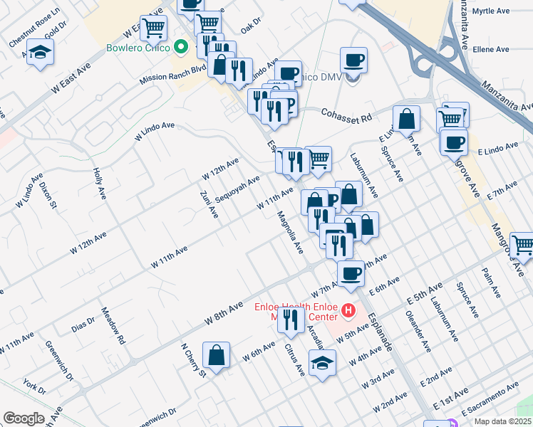 map of restaurants, bars, coffee shops, grocery stores, and more near 2053 Magnolia Avenue in Chico