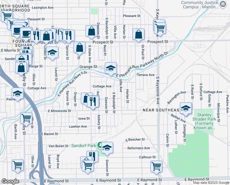 map of restaurants, bars, coffee shops, grocery stores, and more near 1521 South Randolph Street in Indianapolis