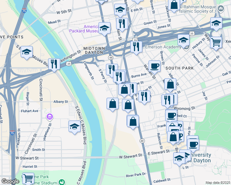 map of restaurants, bars, coffee shops, grocery stores, and more near 835 South Patterson Boulevard in Dayton