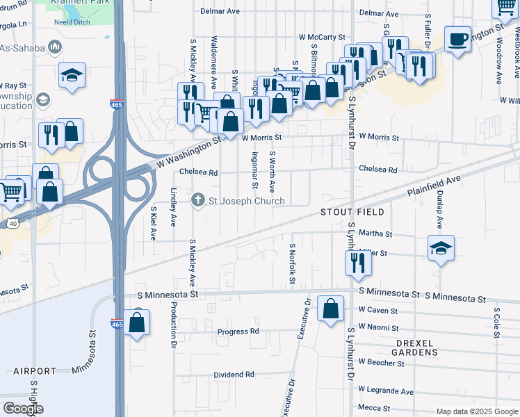 map of restaurants, bars, coffee shops, grocery stores, and more near 1403 Ingomar Street in Indianapolis
