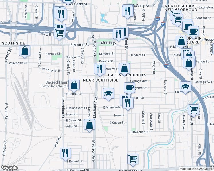 map of restaurants, bars, coffee shops, grocery stores, and more near 1448 South Alabama Street in Indianapolis