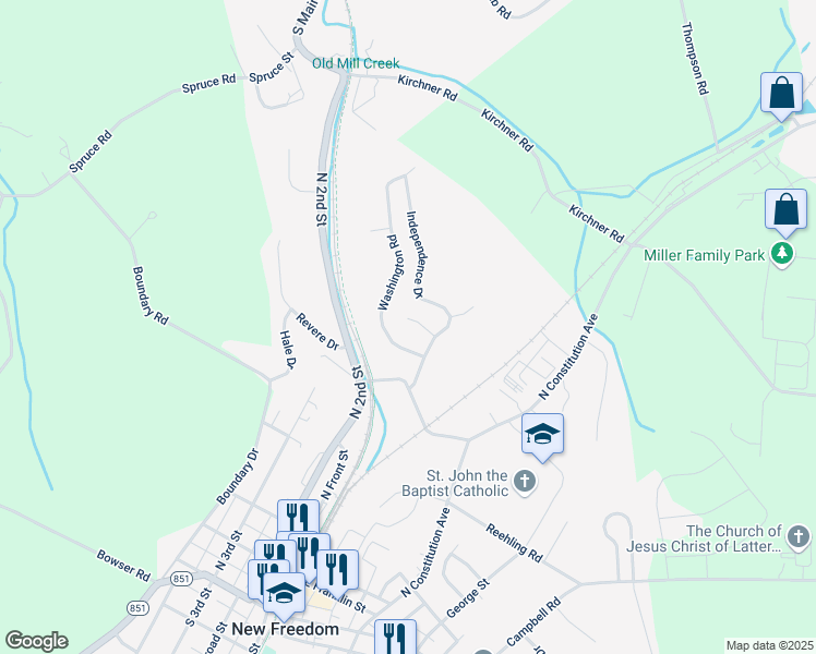 map of restaurants, bars, coffee shops, grocery stores, and more near 7 Minuteman Court in New Freedom