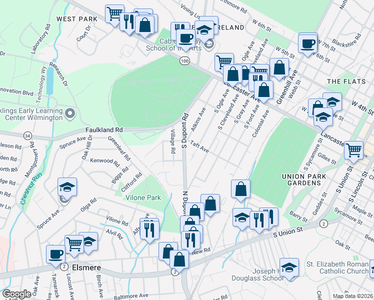 map of restaurants, bars, coffee shops, grocery stores, and more near 306 South Dupont Road in Wilmington