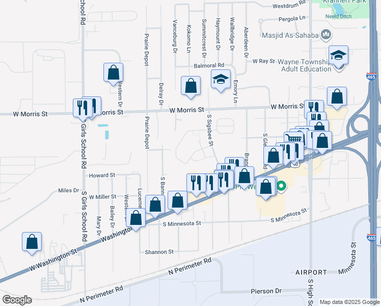 map of restaurants, bars, coffee shops, grocery stores, and more near 6774 Lambert Street in Indianapolis
