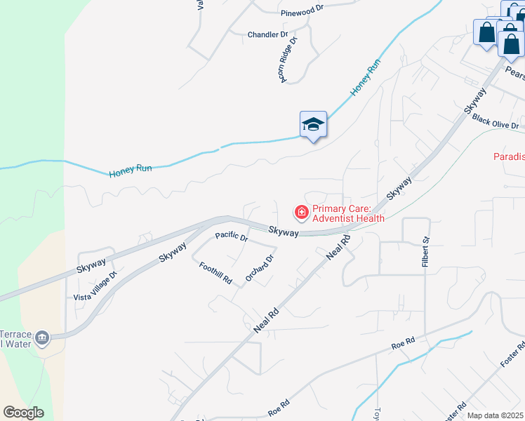 map of restaurants, bars, coffee shops, grocery stores, and more near 5511 Longview Drive in Paradise
