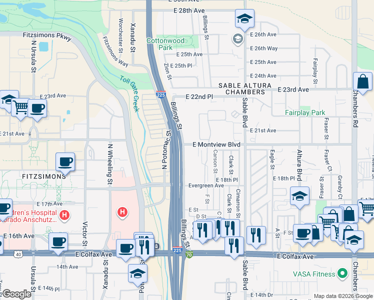 map of restaurants, bars, coffee shops, grocery stores, and more near 1988 Billings Street in Aurora