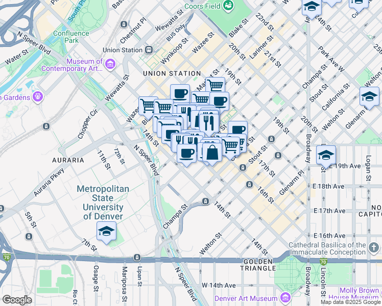 map of restaurants, bars, coffee shops, grocery stores, and more near 1144 15th Street in Denver
