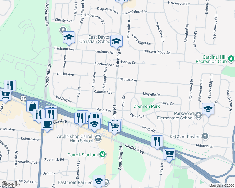 map of restaurants, bars, coffee shops, grocery stores, and more near 1156 Spinning Road in Dayton