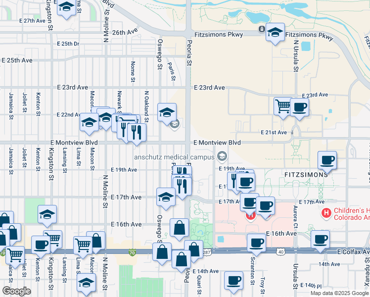 map of restaurants, bars, coffee shops, grocery stores, and more near in Aurora