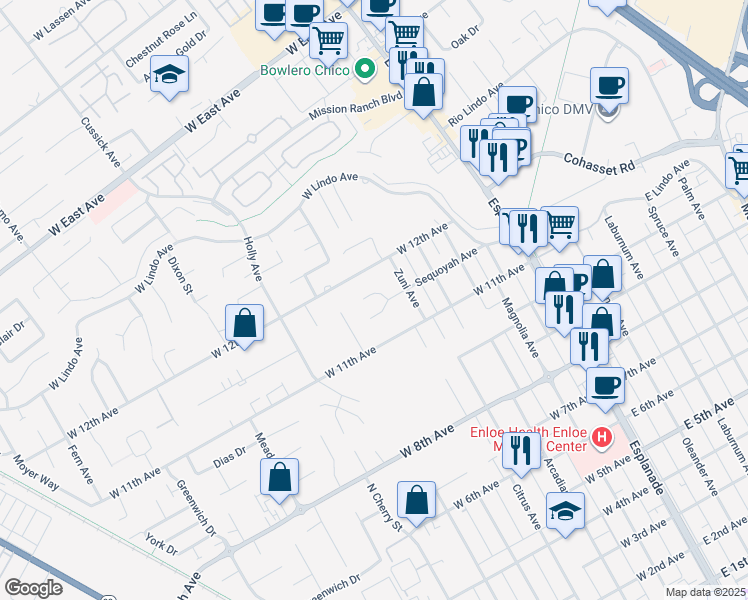 map of restaurants, bars, coffee shops, grocery stores, and more near 476 Hoopa Circle in Chico