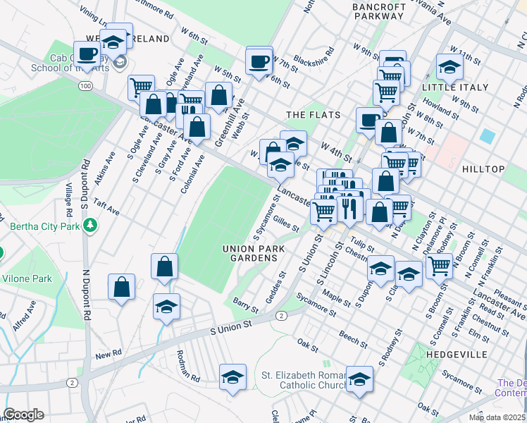 map of restaurants, bars, coffee shops, grocery stores, and more near 23 South Sycamore Street in Wilmington