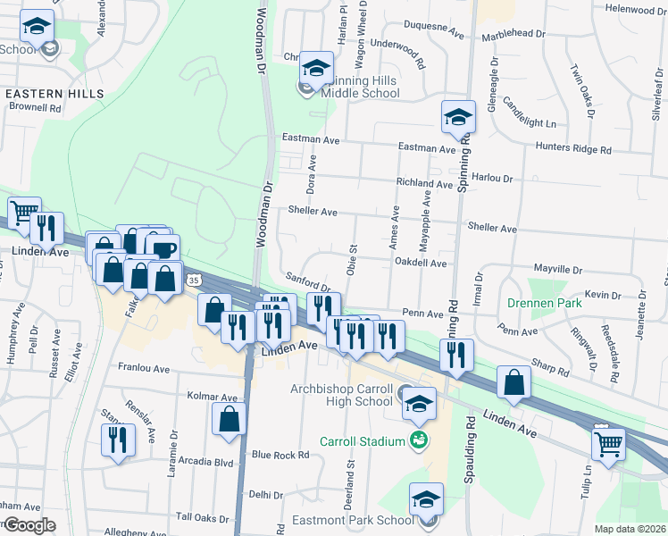 map of restaurants, bars, coffee shops, grocery stores, and more near 1250 Vega Court in Dayton