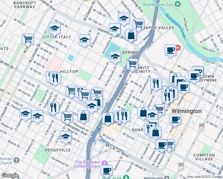 map of restaurants, bars, coffee shops, grocery stores, and more near 709 North Jackson Street in Wilmington
