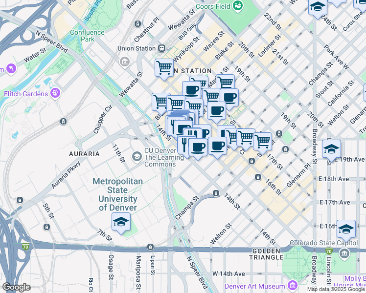 map of restaurants, bars, coffee shops, grocery stores, and more near 1401 Lawrence Street in Denver