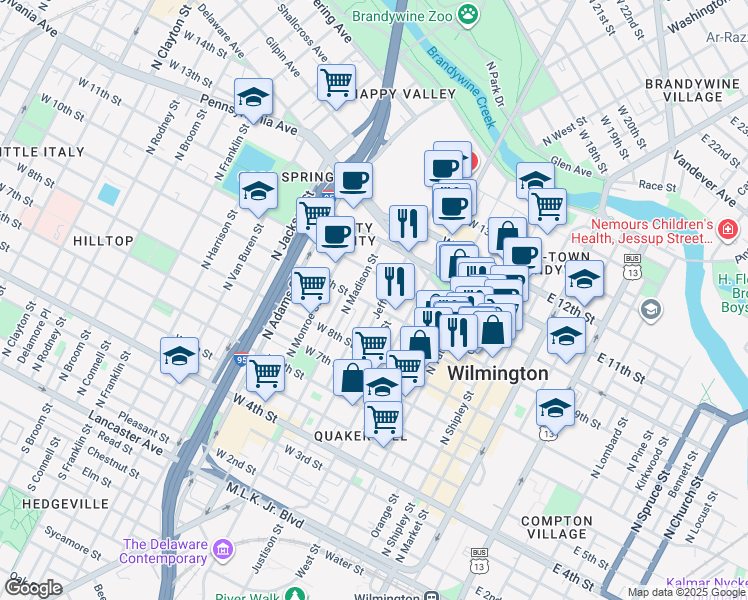 map of restaurants, bars, coffee shops, grocery stores, and more near 603 West 9th Street in Wilmington