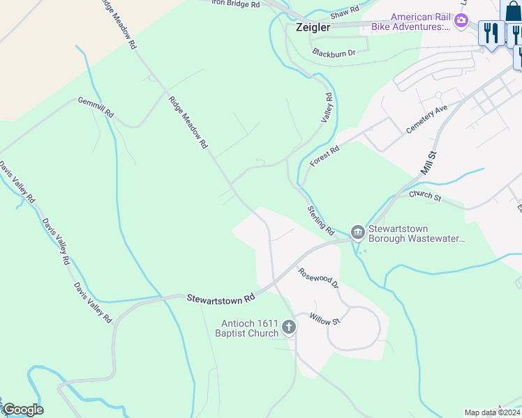 map of restaurants, bars, coffee shops, grocery stores, and more near 18561 Ridge Meadow Road in Stewartstown
