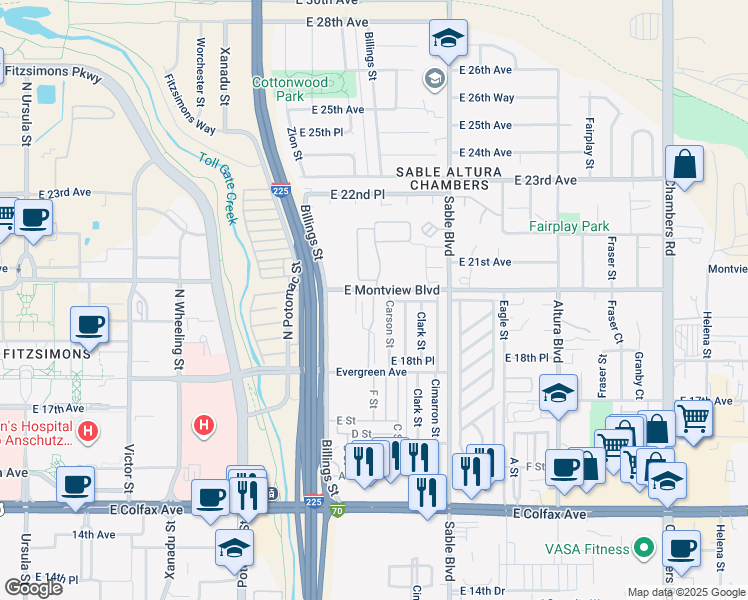 map of restaurants, bars, coffee shops, grocery stores, and more near 1969 Bounty Street in Aurora