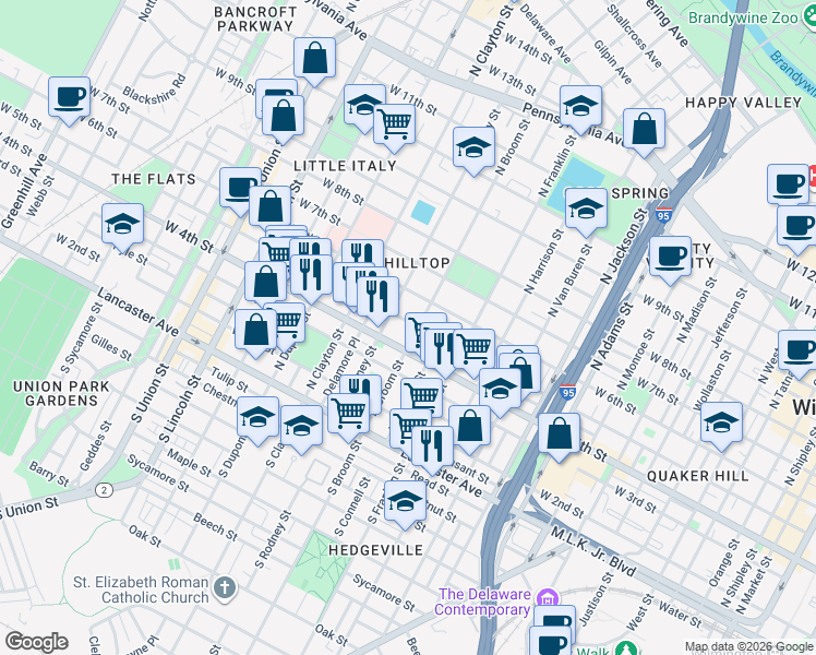 map of restaurants, bars, coffee shops, grocery stores, and more near 425 North Broom Street in Wilmington