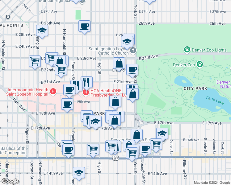 map of restaurants, bars, coffee shops, grocery stores, and more near 2027 East 20th Avenue in Denver