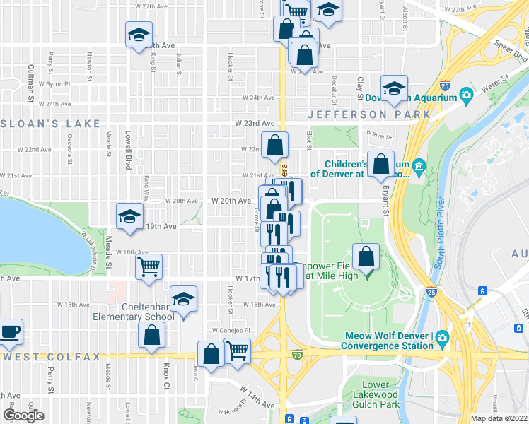 map of restaurants, bars, coffee shops, grocery stores, and more near in Denver