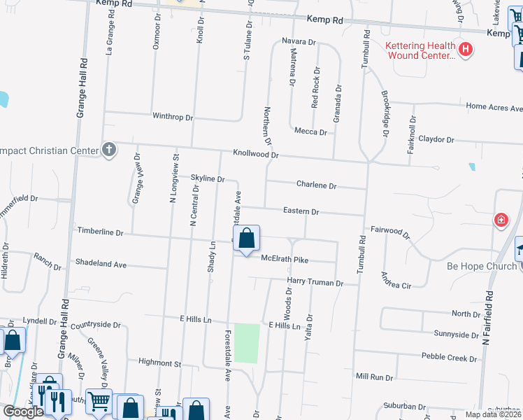 map of restaurants, bars, coffee shops, grocery stores, and more near 3683 Eastern Drive in Dayton