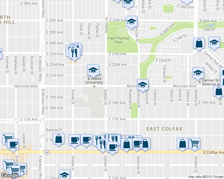 map of restaurants, bars, coffee shops, grocery stores, and more near 1985 Quince Street in Denver