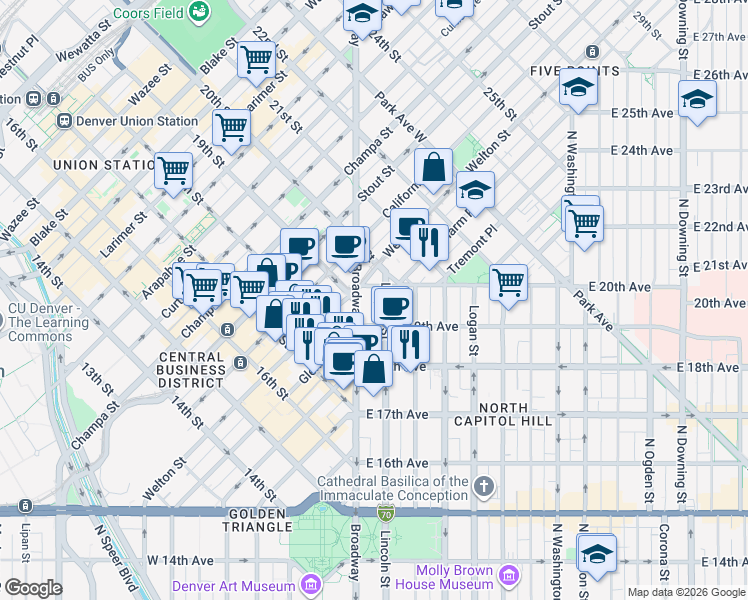 map of restaurants, bars, coffee shops, grocery stores, and more near 1900-1940 Broadway in Denver